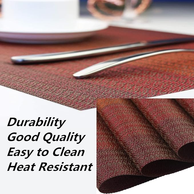 Placemats, Washable PVC Table Mats, Woven Vinyl Placemat for Dining Table Place Mats Set (6 placemats and 1 Table Runner, Wine Red)