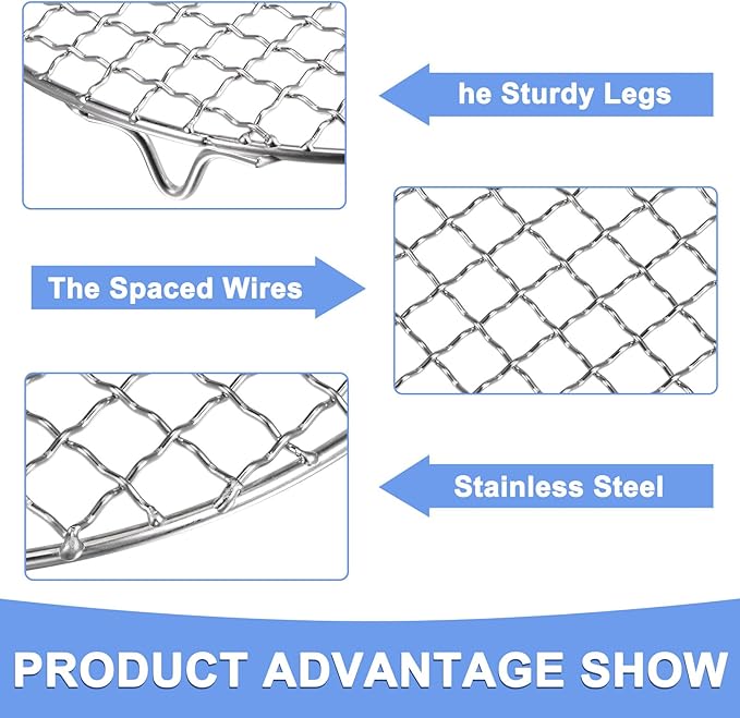 Round Cooking Rack - Stainless Steel BBQ Grill Net Mesh with Legs Fits for Cooling Baking Steaming - Cross Wire Barbecue Grilling Grate - (9-inch x 0.79-inch, Silver Tone)