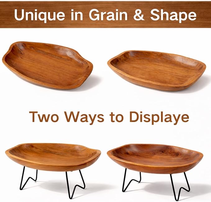Teak Wood Multi-Purpose Catchall Tray – 12.8" Live Edge Decorative Organizer for Keys, Jewelry & Coffee Table Decor