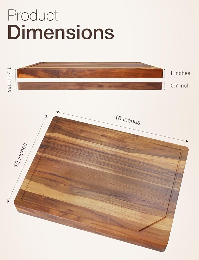 TIDITA Teak Wood Cutting Board with Lip - 16” x 12” Wooden Chopping Boards for Kitchen - Serving Platter, Pastry Board, Wooden Cutting Board with Counter Lip, Handles - Teak, Juice Groove, Removable