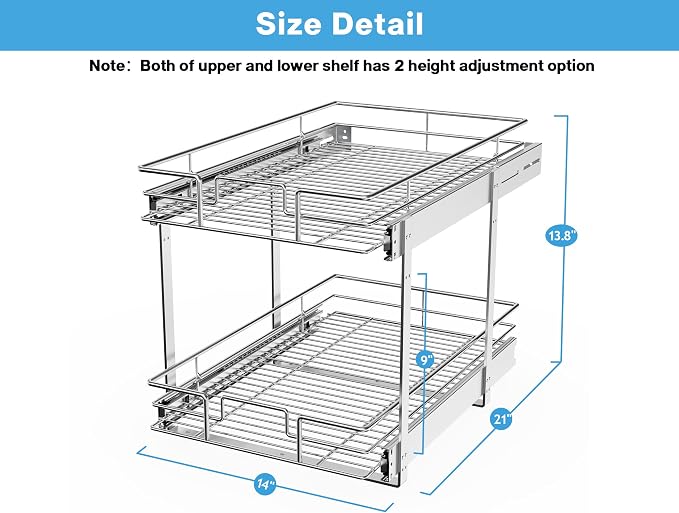 LOVMOR Individual Pull Out Cabinet Organizer, 2 Tier Cabinet Drawers Slide Out, Pots and Pans Organizer and Storage Pantry Shelf for Kitchen (14" W x 21" D)