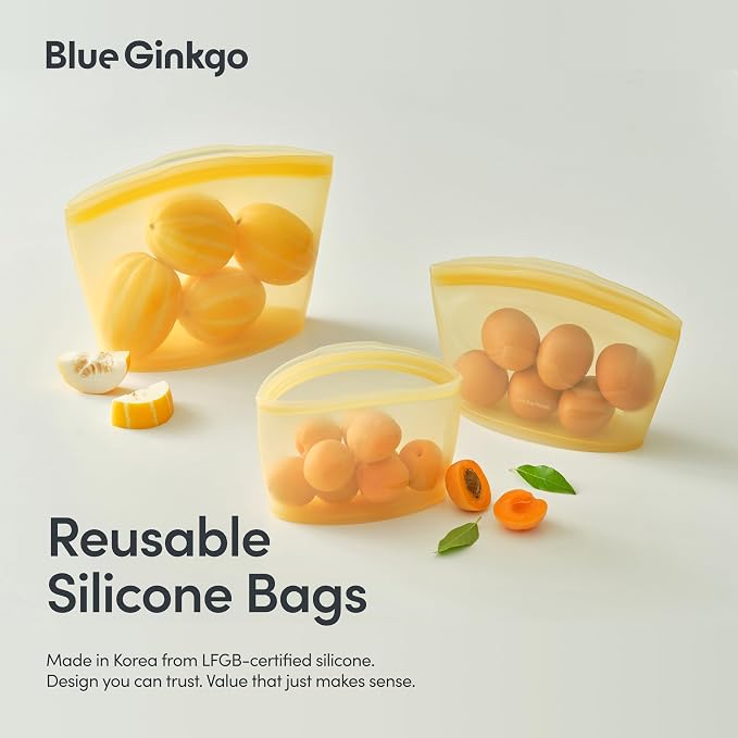 Blue Ginkgo Reusable Silicone Storage Bags – 4-Pack | Korean-Made Stand Up Food, Freezer Bags - Pumkin Yellow