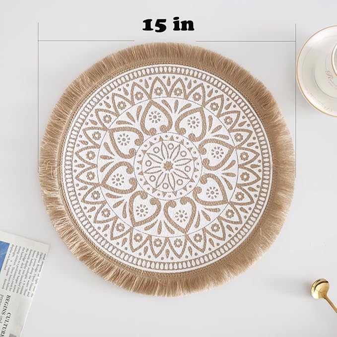 Kitchen Table Placemats Set of 6 with，Round HandmadeWoven Fringe Placemat，for Dining Room, Kitchen, Place Mats for Parties,Use-Size 13×13 Inches