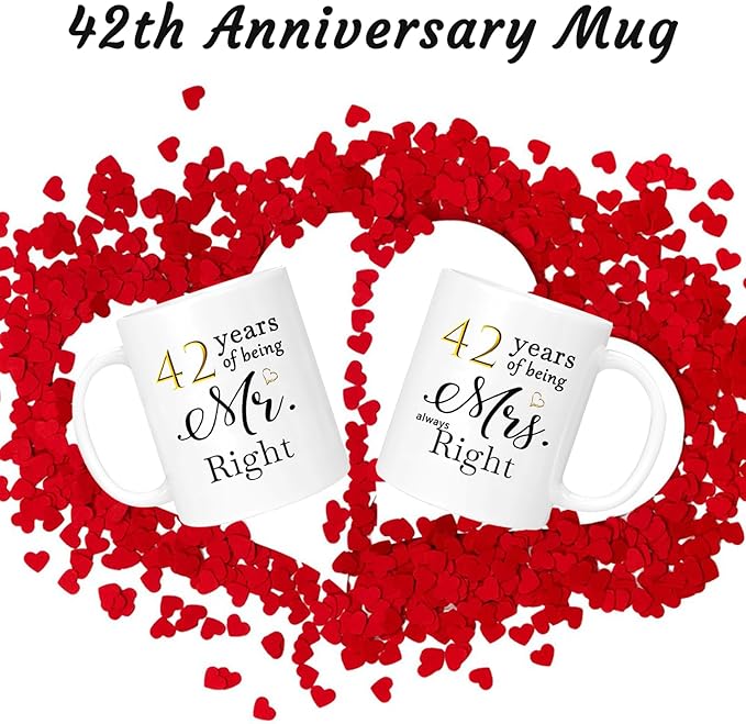 42th Anniversary Coffee Mugs Set of 2, 42 Year Anniversary Wedding Gifts Decorations for Couple Parents Grandparents Men Women Husband Wife Him Her, Gift Box Packaging, 11oz