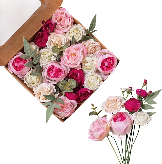 FANKO Artificial Flowers for DIY Bouquet, Faux Rose Combo Peony Ranunculus Stems in Pink White Burgundy for Vase, Floral Arrangement, Centerpieces, Wedding, Home Decor, Party Decoration