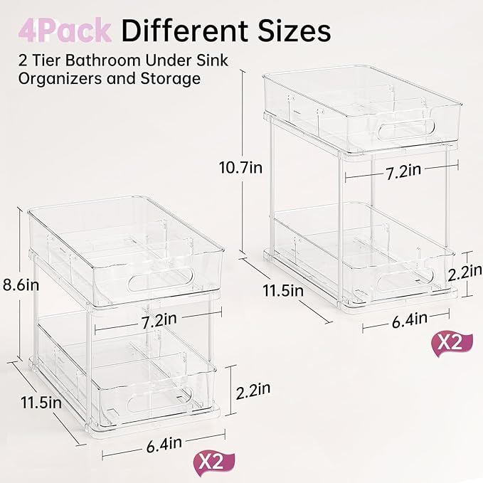 Delamu 2 Tier Under Sink Organizer Bathroom, Bathroom Cabinet Organizer with Snap-Lock Design and Hooks, Pull Out Storage with Movable Dividers, for Countertop, Kitchen and Pantry (Clear, 4 Pack)