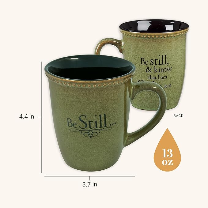 Christian Art Gifts Sage Green Stoneware Coffee Mug – 13 oz. Microwave and Dishwasher-safe Lead-free Inspirational Scripture Coffee and Tea Mug for Men & Women with Bible Verse: Be Still – Psalm 46:10