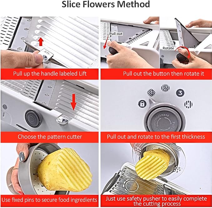 18 Types Adjustable Mandoline Slicer, Foyomo Stainless Steel Manual Cutter Vegetable Grater Julienne Slicer Waffle Fruit Kitchen Potato Cutter White