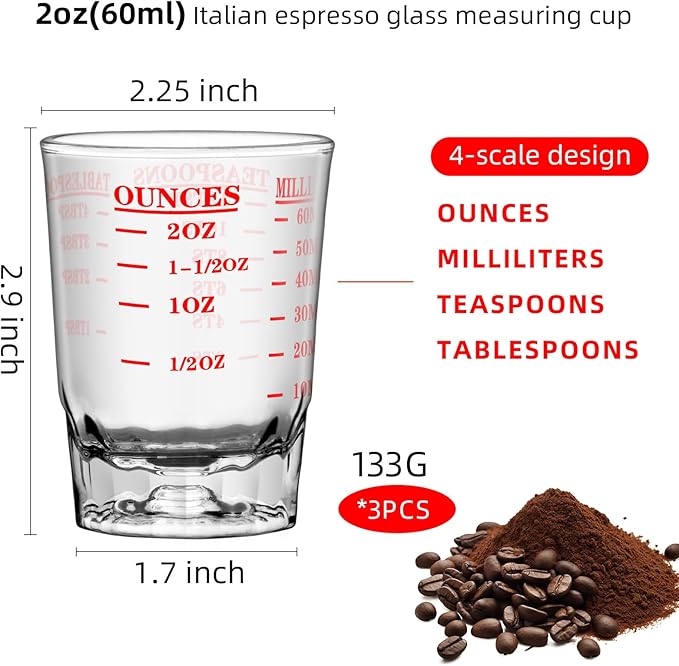 3Pcs 2 OZ 4 Features Shot Glasses Measuring cup Liquid Heavy Glass Wine Glass Espresso Shot -Incremental Measurement Heavy 60ML (3, red)
