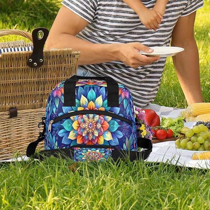 Pardick Blue Flower Mandala Insulated Lunch Bag for Women Girl Reusable Lunch Tote Box With Shoulder Strap Lightweight Thermal Cooler Meal Prep Bag for Work School Office Picnic