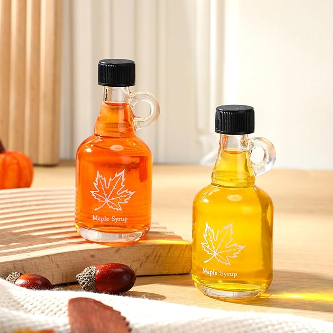 Havawish 24 Pcs 1.7 oz Glass Maple Syrup Bottles Mini Syrup Container with Loop Handle and Plastic Lids, Small Empty Jars for Oil Storage Gift