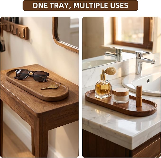 TJ POP Acacia Wooden Tray - 11.4” x 4.1” Oval Decorative Tray for Counter, Solid Wood Serving Tray for Coffee Table, Snacks & Drinks, Rustic Serving Platter for Party, Holiday & Everyday Use