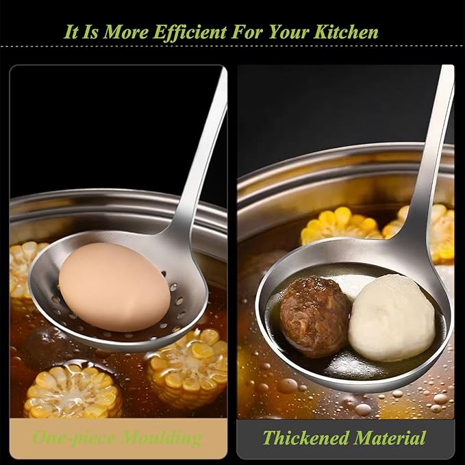 Cooking Ladles,Serving Scoop And Ladle Strainer Set Of 2 with Hook and Hole for Easy Hanging,Stainless Steel Soup Ladles Set for Kitchen