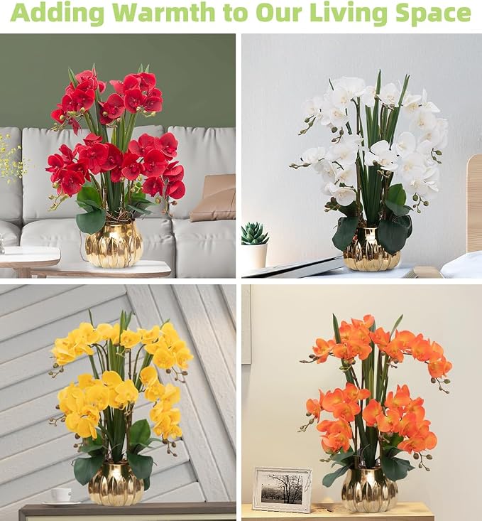 CXGS Artificial Orchid Flower Real Touch Faux Orchids in Ceramic Vase Large 22.9'' Fake Flowers Orange Phalaenopsis Floral for Home Indoor Decor