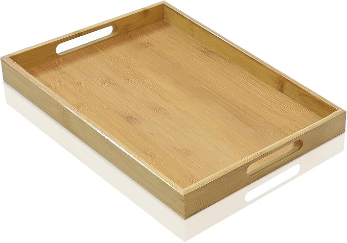 Bamboo Serving Tray with Handles, 14.6x10.2 Inch Rectangular Breakfast Tray for Eating on Couch or Bed, Modern Decorative Coffee Table Trays for Serving Food, Drink and Fruit