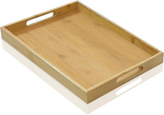 Bamboo Serving Tray with Handles, 14.6x10.2 Inch Rectangular Breakfast Tray for Eating on Couch or Bed, Modern Decorative Coffee Table Trays for Serving Food, Drink and Fruit