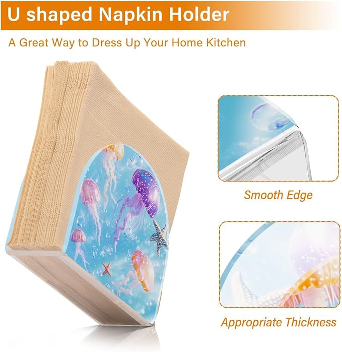 Napkin Holder Acrylic Napkin Holder for Table Kitchen Party Restaurant U Shaped Upright Napkin Dispenser Organizer Blue Jellyfishes Bubbles and Starfish