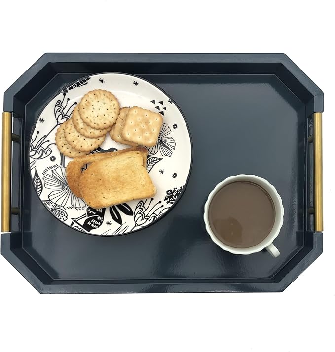 Serving Tray with Polished Metal Handles, Hexagon Coffee Table Tray, Modern Rectangle Decorative Tray, Large Ottoman Tray, Perfect for Storage and Display (Blue Rectangle)