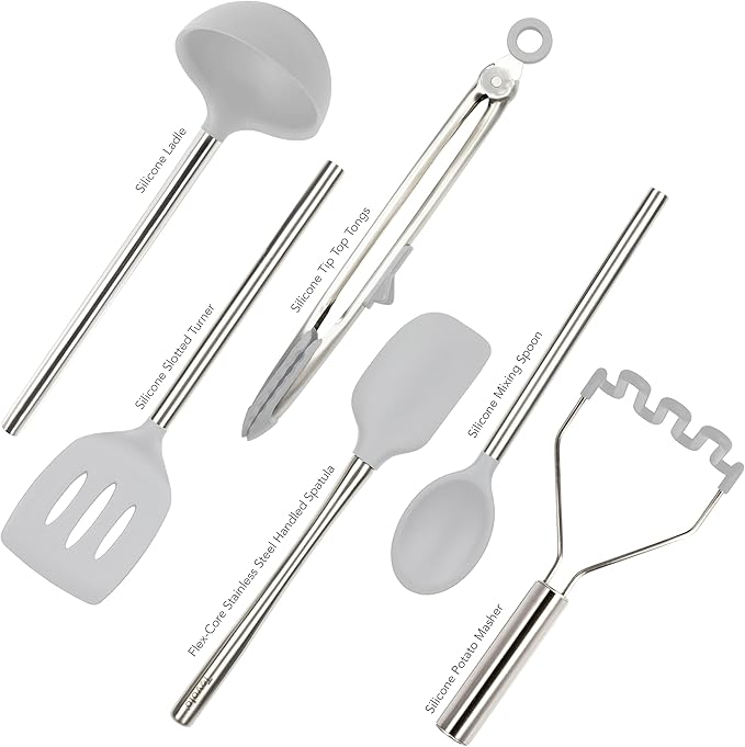Tovolo Silicone Cooking Utensil Set of 6 Stainless Steel Handle Ladle Slotted Turner Tongs Flex Core Spatula Scraper Mixing Spoon & Potato Masher, Dishwasher Safe BPA Free Utensils, Oyster Gray