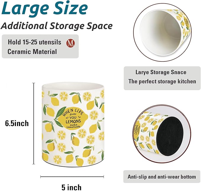 Lemon Kitchen Decor, 6.5inch Ceramic Utensil Holder with Lemon Design, Rustic-Style Indoor Kitchen Utensil Storage Rack,Ideal for Spoon Storage and Cooking Tools, Gift for Kitchen Organizers