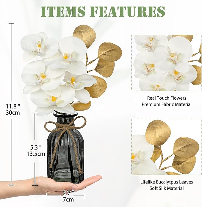 Oairse Artificial Orchids Flowers in Vase Faux Orchids Arrangement Small White Orchid & Eucalyptus Plant with Glass Vase Fake Phalaenopsis Orchid Centerpiece for Bathroom Bedroom Dining Room Table