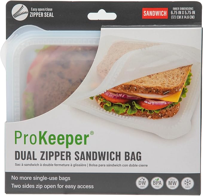 ProKeeper Dual-Zipper 100% Silicone Sandwich Bag, Clear – Reusable, Leak-Proof, Eco-Friendly Food Storage for Sandwiches and Snacks