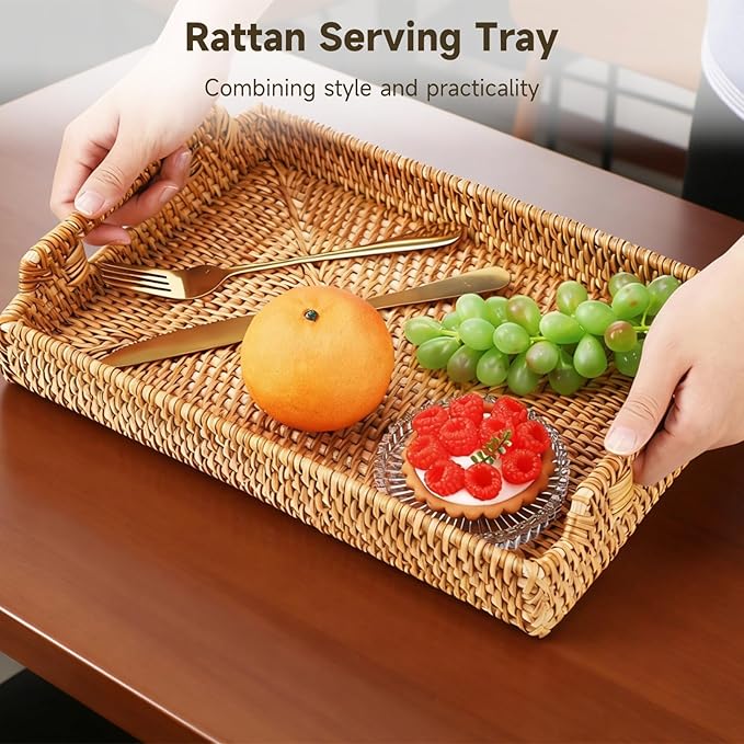 Rattan Serving Tray with Handles, 13.4 x 9.4 x 1.7 in Coffee Table Tray, Vintage Wicker Table Trays for Decor, Suitable for Kitchen, Living Room, or Breakfast in Bed