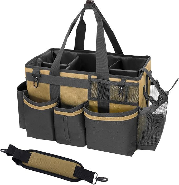 SCAVATA Wearable Cleaning Caddy Organizer with Handle & Shoulder Straps for Housekeepers, Under Sink & Car Cleaning Tool Organizer Bag with 4 Foldable Dividers (Tan)