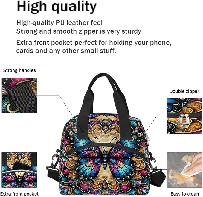 Butterfly Boho Colorful Insulated Lunch Bags for Women Girls Adult Ethnic Reusable Lunch Tote Therma Cooler Bag with Shoulder Strap Lunch Box for School Work Office Picnic Meal Prep Bag