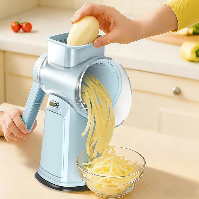 Rotary Cheese Grater with Handle - Compact Multi-Function Vegetable Shredder with 5 Sharp Blades & Strong Suction Base, Easy to Use Round Mandoline Slicer for Kitchen, Cooking, Camping & Travel