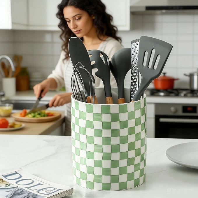 7" Ceramic Hand painted Utensil Holder, Large Kitchen Utensil Holder Organizer ,Stable Utensil Crock Spatula Holder for Kitchen Counter Countertop Farmhouse Cooking Tools Holder (Green)