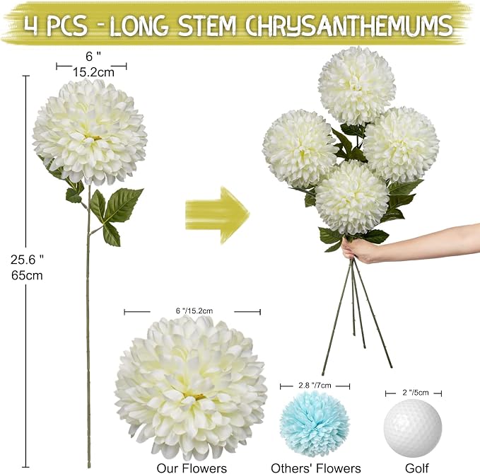 Briful Autumn Artificial Chrysanthemums Ball Flowers 6’’ Large Heads Mums Stems Cream White Fake Hydrangea Flowers Bridal Wedding Bouquet for Home Garden Party Wedding Decoration, Set of 4