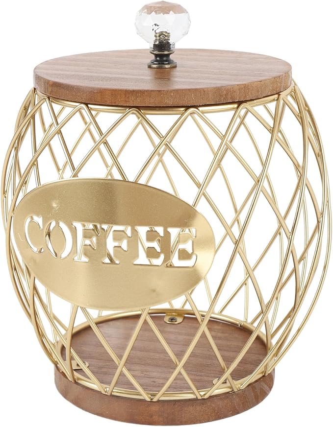 EVGATSAUTO Large Capacity Coffee Capsule Organizer Iron Pod Holder with Wood Base K Cup Storage Coffee Pods Basket with Lid for Kitchen Cafe Bar Coffee Bar Accessories