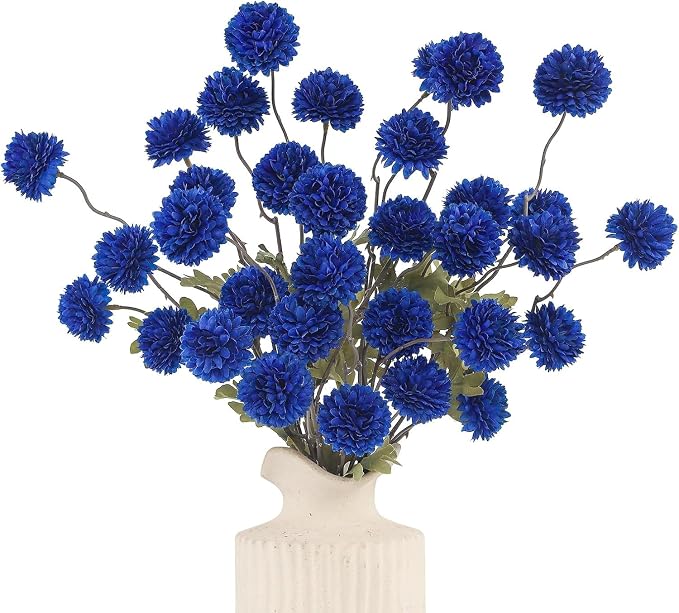 DuHouse 6pcs Artificial Flowers Faux Silk Pompon Mum,Silk Small Mini Chrysanthemum Ball with Stems for DIY Wedding Bouquets Centerpieces Vase Home Table Kitchen Decorations(Dark Blue)