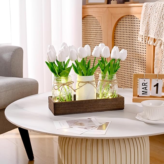 BLEUM CADE Mason Jar Centerpiece Table Decorations, Mason Jar Lights Centerpiece for Kitchen Dining Table Farmhouse Coffee Table Wedding Home Decor with 3 Jars Tulips Artificial Flowers & Wood Tray