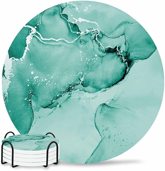 Coasters Set of 4 Turquoise Marble Drink Coasters with Holder Absorbent Stone Ceramic Cup Mat Abstract Waves Cloud Coaster for Drinks Coffee Bar Office Kitchen Cafe Home Table Decor