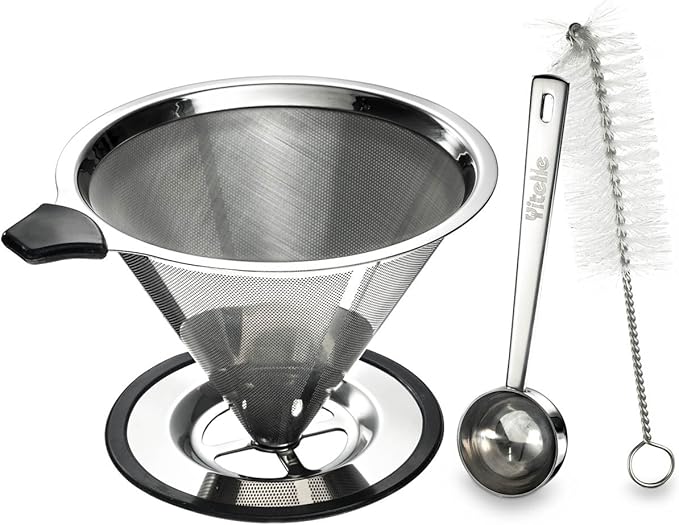 Clever Pour Over Coffee Dripper With Cup Stand (Size #4) - Paperless and Reusable - Ultra Fine Micro Mesh Filter - Perfect for Manual Brewing - BONUS: Coffee Scooping Spoon + Cleaning Brush.