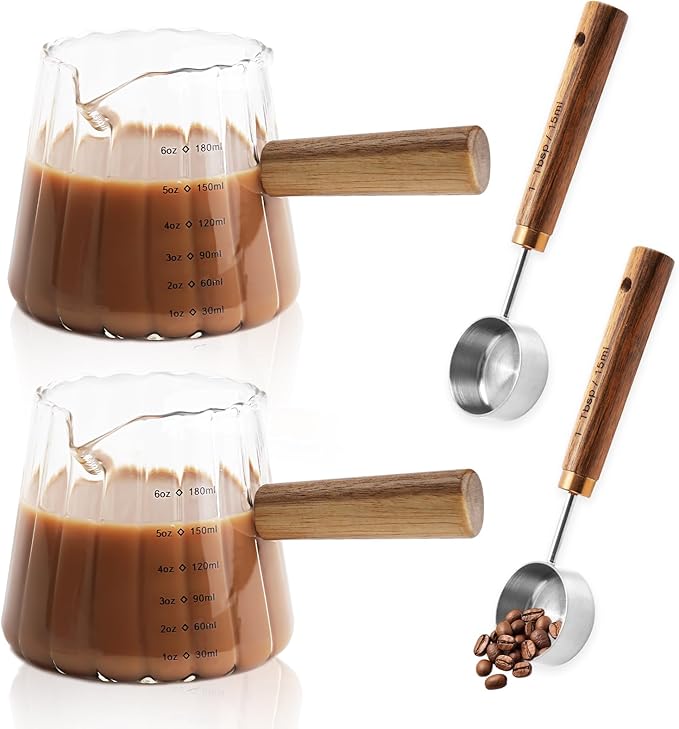 2Pcs Espresso Shot Glass, FHDUSRYO 6oz Espresso Cups with 2Pcs Coffee Measuring Spoon, Expresso Shot Cup with V-Shape Mouth, Milk Frothing Pitcher, Glass Measuring Cup Expresso Accessories (Clear)