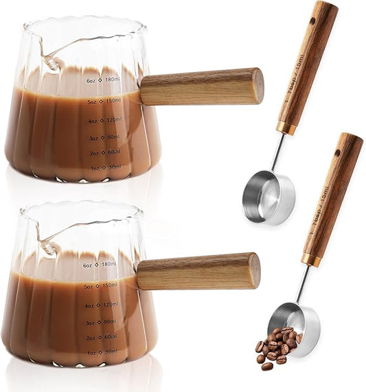 2Pcs Espresso Shot Glass, FHDUSRYO 6oz Espresso Cups with 2Pcs Coffee Measuring Spoon, Expresso Shot Cup with V-Shape Mouth, Milk Frothing Pitcher, Glass Measuring Cup Expresso Accessories (Clear)