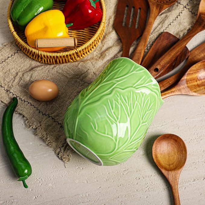 Ceramic Green Cabbage Kitchen Utensil Holder, Large Cooking Utensil Crocks for Countertop, Ocean Style Utensil Organizer for Spatula and Home, B