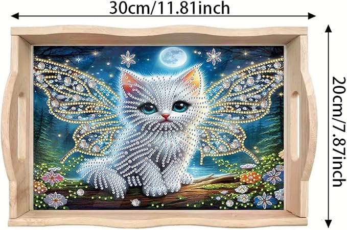 DIY Diamond Serving Tray with Handle Handmade Diamond Art Painting Wooden Rectangular Breakfast Tray for Dinner Plate Coffee Room Living Home Organizer-Cat02