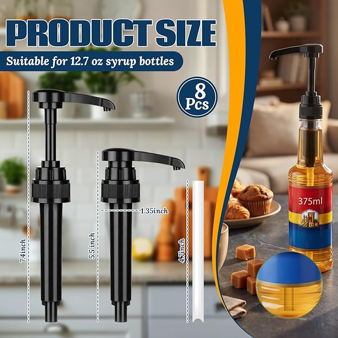 Zopeal 8 Pieces Coffee Syrup Pump Dispenser Fits 375ml/12.7oz Bottles, Syrup Pump for Coffee Flavoring, Creamers, Caramel, Beverages, Kitchen Cafe Bar Drinking Mixes Food Dispenser(Black)