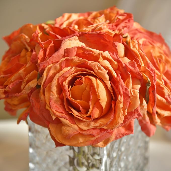 Artificial Rose in Glass Vase Vintage Silk Flower Arrangement with LED Light for Table Centerpiece Home Wedding Decoration (Orange)