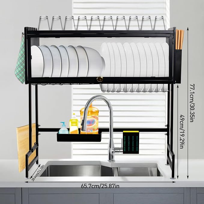 Over The Sink Dish Drying Rack - 3 Tier Large Capacity Metal Dish Drainer Over The Counter Dish Rack Kitchen Sink Shelf with Cover for Kitchen Storage & Organization Black