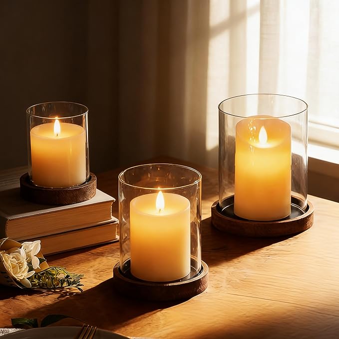 Set of 3 Glass Hurricane Candle Holders for Pillars with Vintage Natural Solid Wood Bases Crafted from Pine, Farmhouse Candlestick Holder, Centerpieces for Home, Garden, Table, Mantel, Wedding, Party