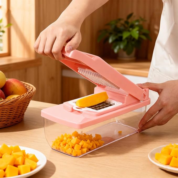 Pink Vegetable Chopper 16-in-1 Heavy Duty Food Chopper with Container Kitchen Spiralizer Gadgets for French Fry Onion Potato and Salad Cutter, Kitchen Tool
