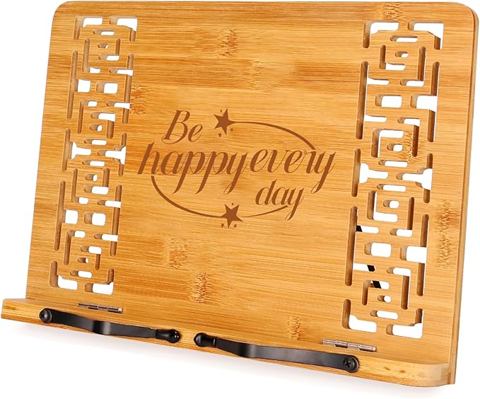 MEGREZ Book Stand for Reading (13.2 x 9.4 inch) Bamboo Cookbook Stand Holder for Kitchen, Adjustable Book Holder Stand for Tablet/Textbook Holder/Hollow Bookrest Stand, Be Happy Everyday