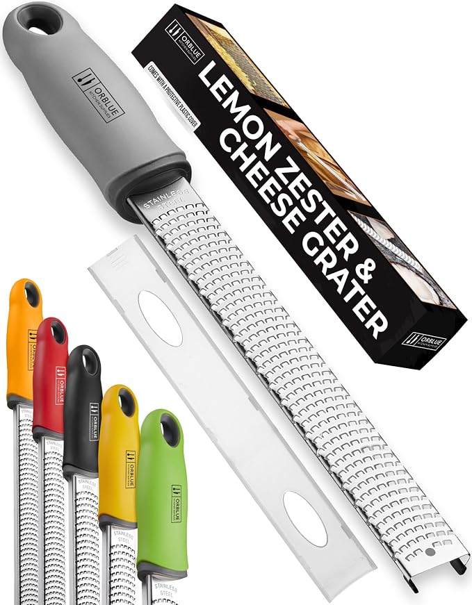 Orblue Lemon Zester & Cheese Grater - Premium Citrus Zester, Kitchen Grater for Parmesan, Chocolate, Fruits, Vegetables, Ginger, Garlic, Nutmeg - Stainless Steel Blades with Protective Cover, Gray