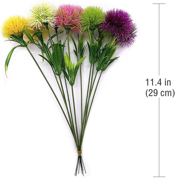 CATTREE Artificial Dandelion Flowers 5 Color x 2pcs Purple Pink White Green Yellow - Total 10 Pcs. Plastic Plants Shrubs Bushes Fake Grass Wedding Indoor Outdoor Home Garden Decoration Planter Filler