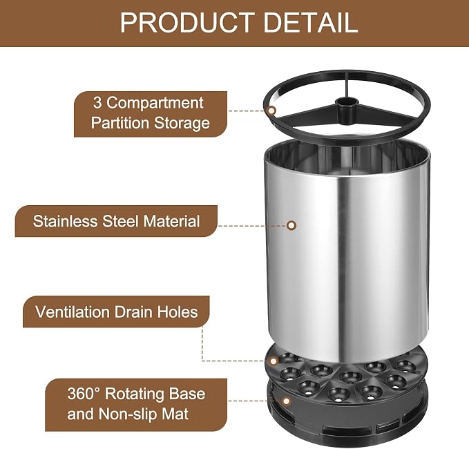 uxcell Kitchen Utensil Holder, Stainless Steel 360° Rotating Cylinder Partition Storage Cooking Utensil Holder 3 Compartment 6.3" Caddy Flatware Countertop Organizer, Silver Tone